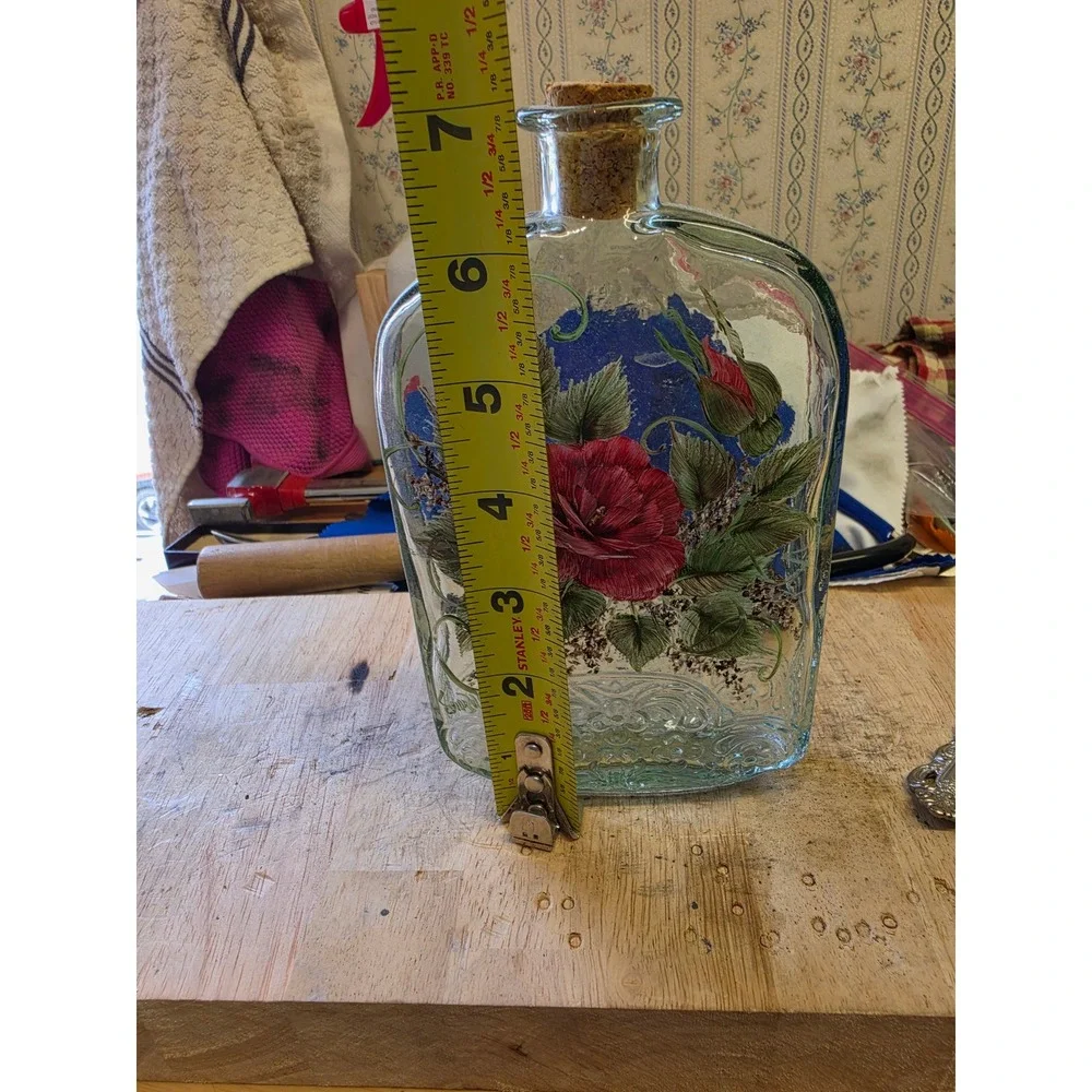 Vintage Hand Painted Red Rose Glass Decanter Bottle with Cork Stopper 7 Inch